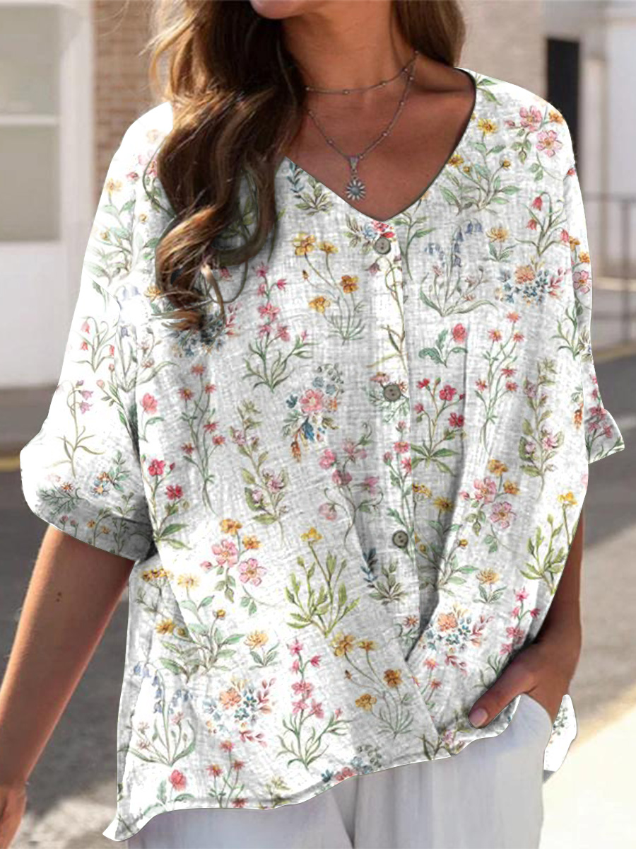 Women's Floral Print On White Background Casual Linen V-neck Shirt