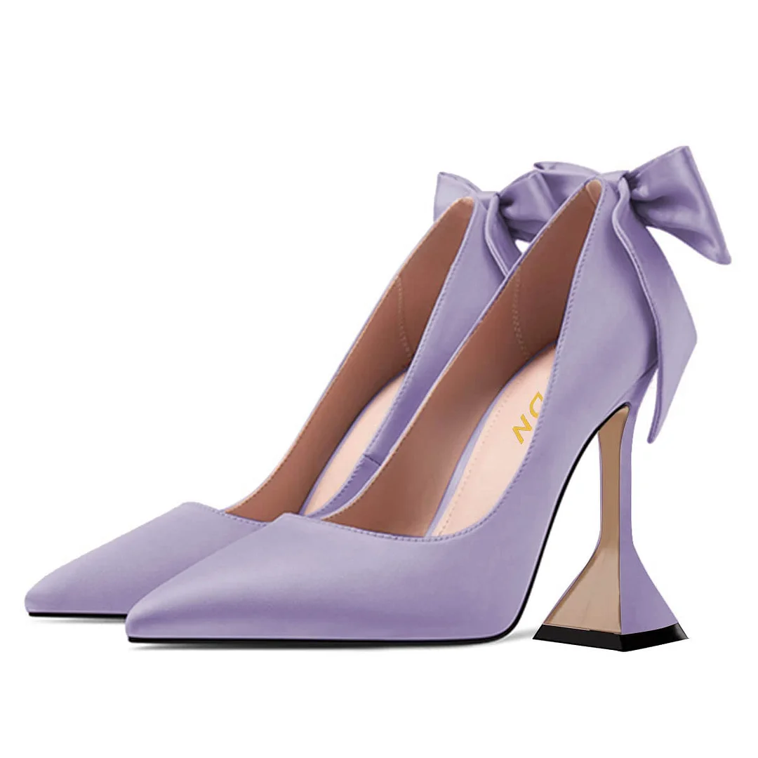 Purple Pearl Bow Pointed Toe Flared Heel Slip-On Pumps for Women