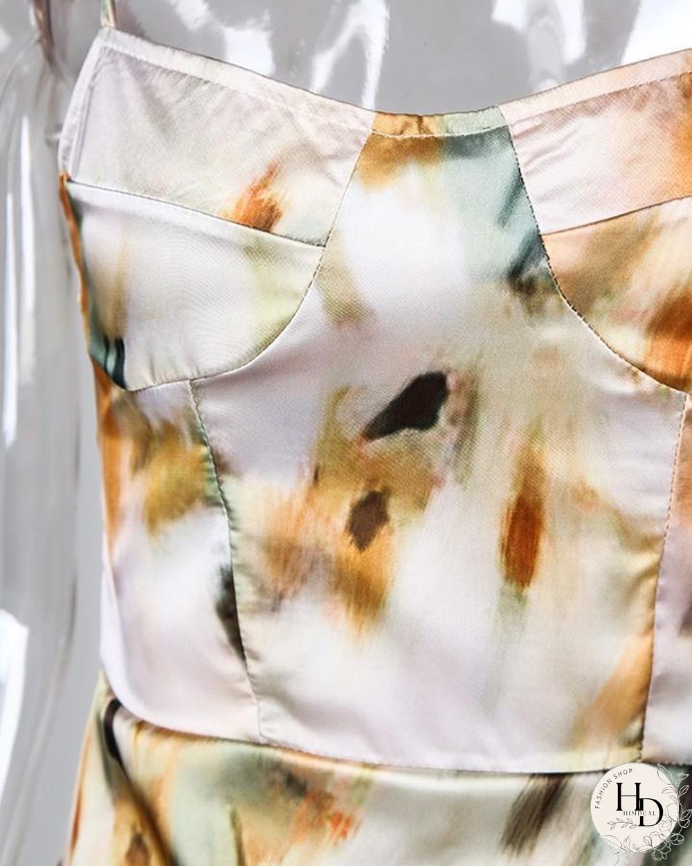 Abstract Print Spaghetti Strap High Slit Ruched Dress P10027