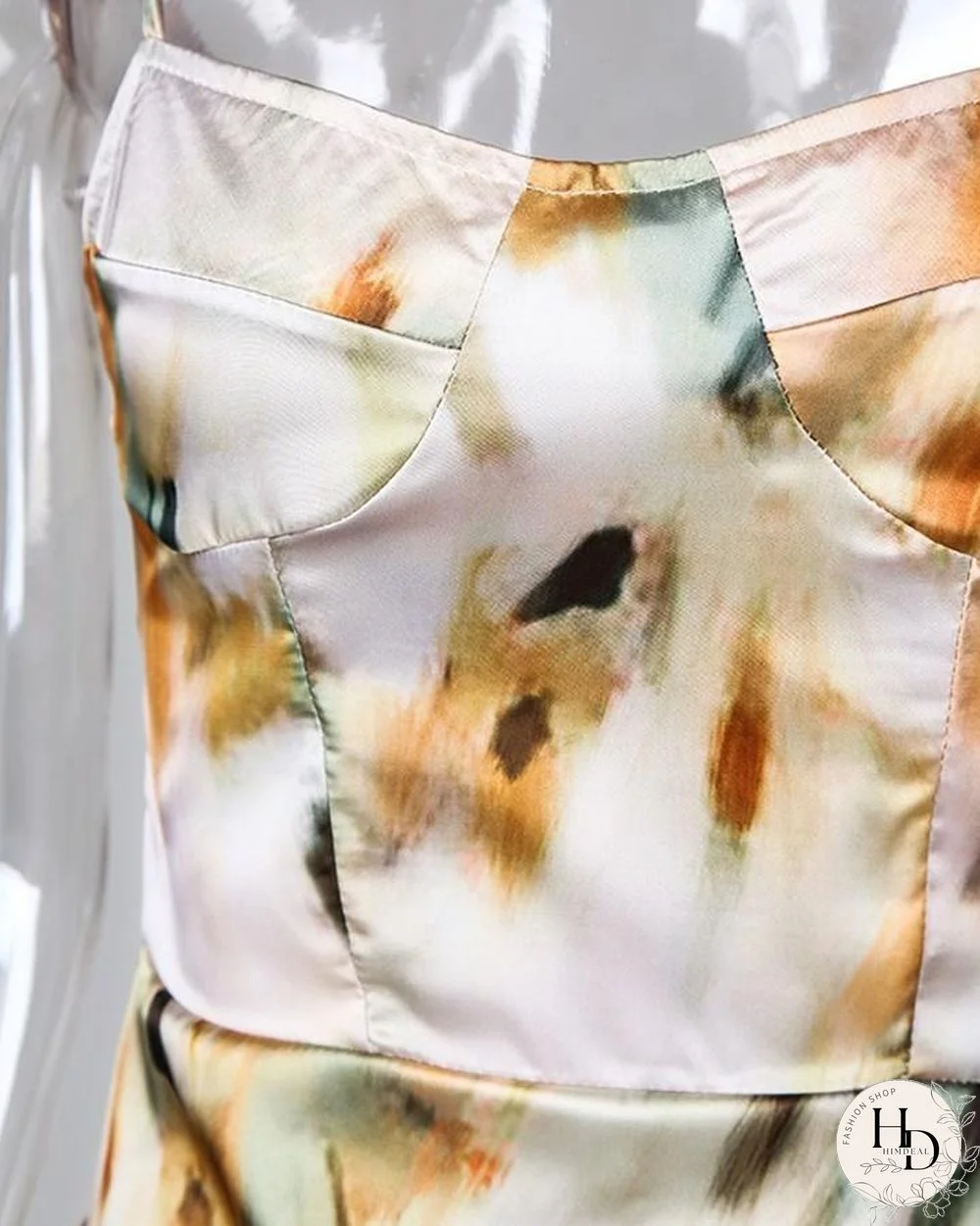 Abstract Print Spaghetti Strap High Slit Ruched Dress P10027