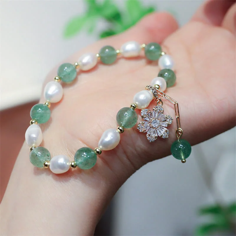 Green Strawberry Quartz Pearl Flower Charm Love Bracelet