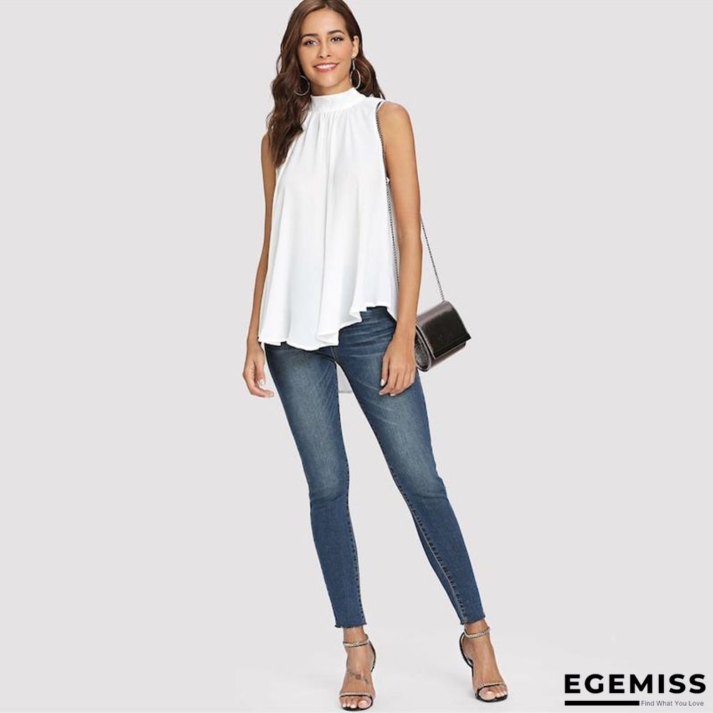 Elegant Sleeveless Pleated Blouse Women Summer Stand Collar Back Lace Up Blouses | EGEMISS