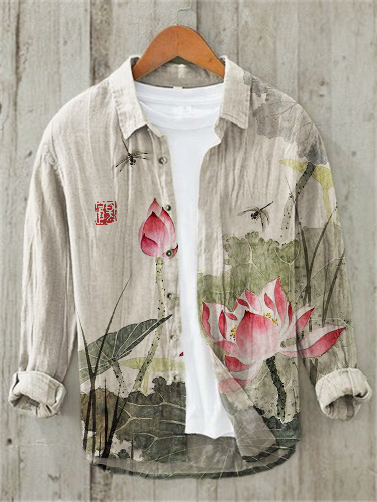 Comstylish Dragonflies & Lotus Pond Japanese Art Linen Blend Shirt