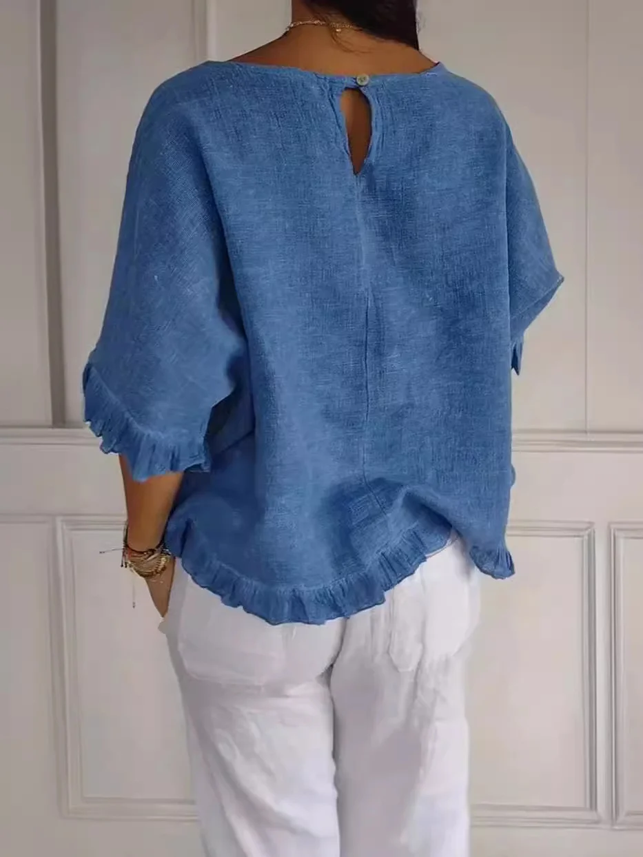 Nigikala Nigikala Summer New Solid Color Lotus Leaf Side T-Shirt Women's Leisure Short-Sleeved Top