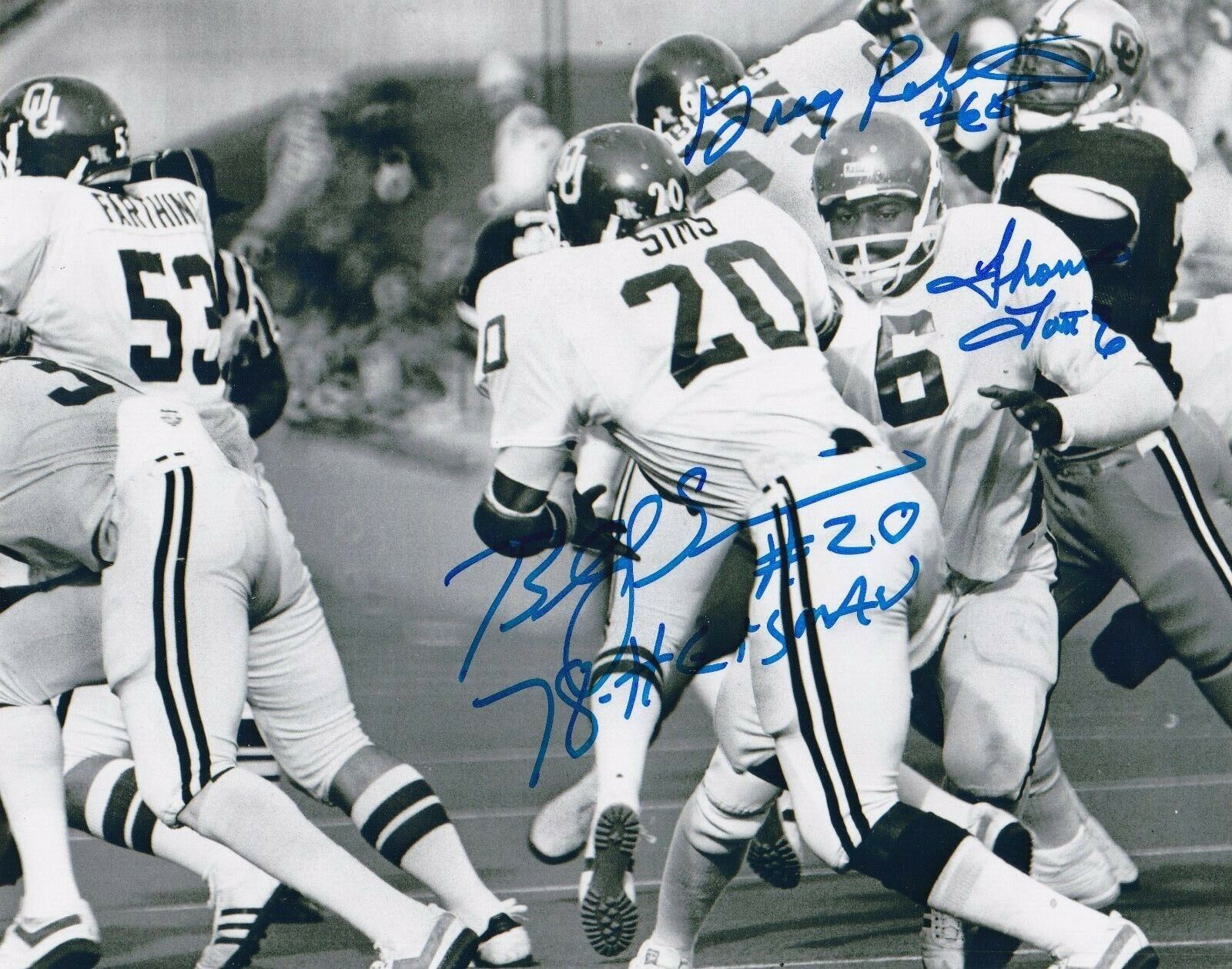 BILLY SIMS/ THOMAS LOTT / GREG ROBERTS OKLAHOMA SOONERS ACTION SIGNED 8x10