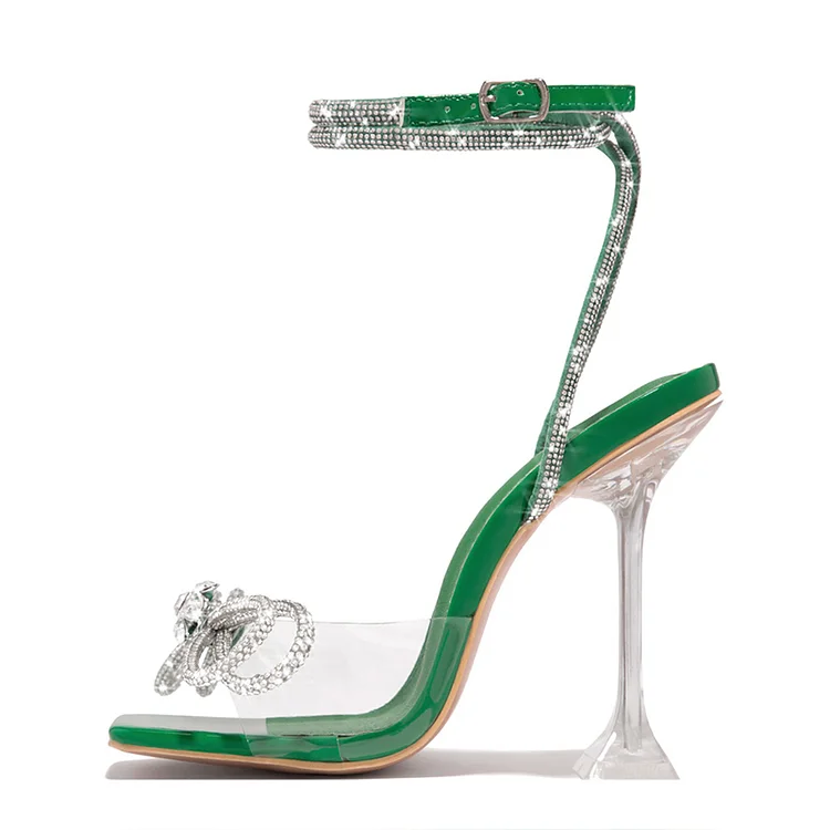 Green Square Toe Elegant Rhinestone Clear Heels Vdcoo