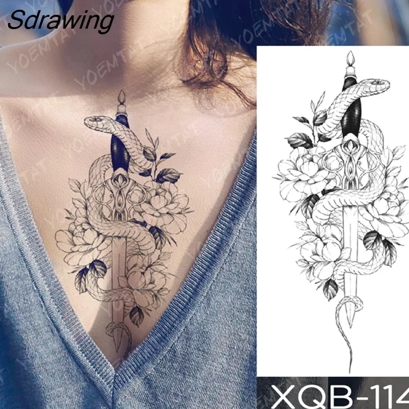 Sdrawing Temporary Tattoo Sticker Rose Snake Flower Tattoos Lace Tiger Dragon Body Art Arm Fake Sleeve Tatoo Women