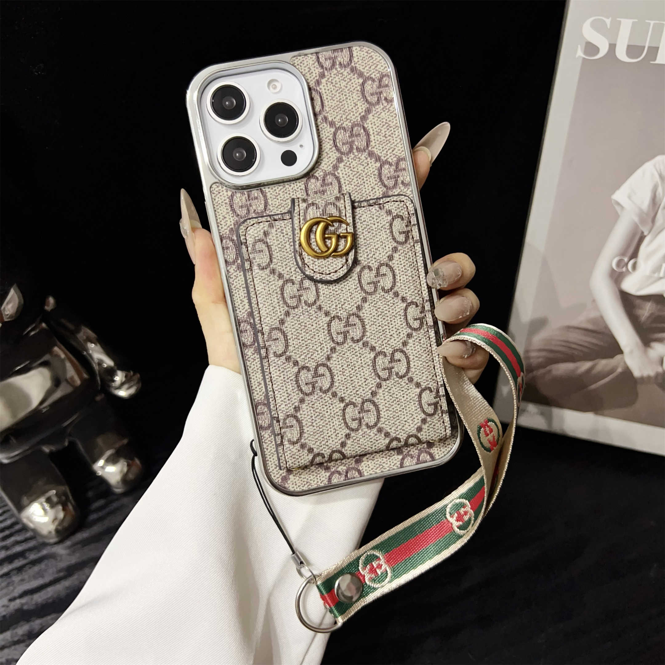 Classic Gucci iPhone Card Holder Ophidia GG Leather Elegant Short Strap Samsung Wallet Case