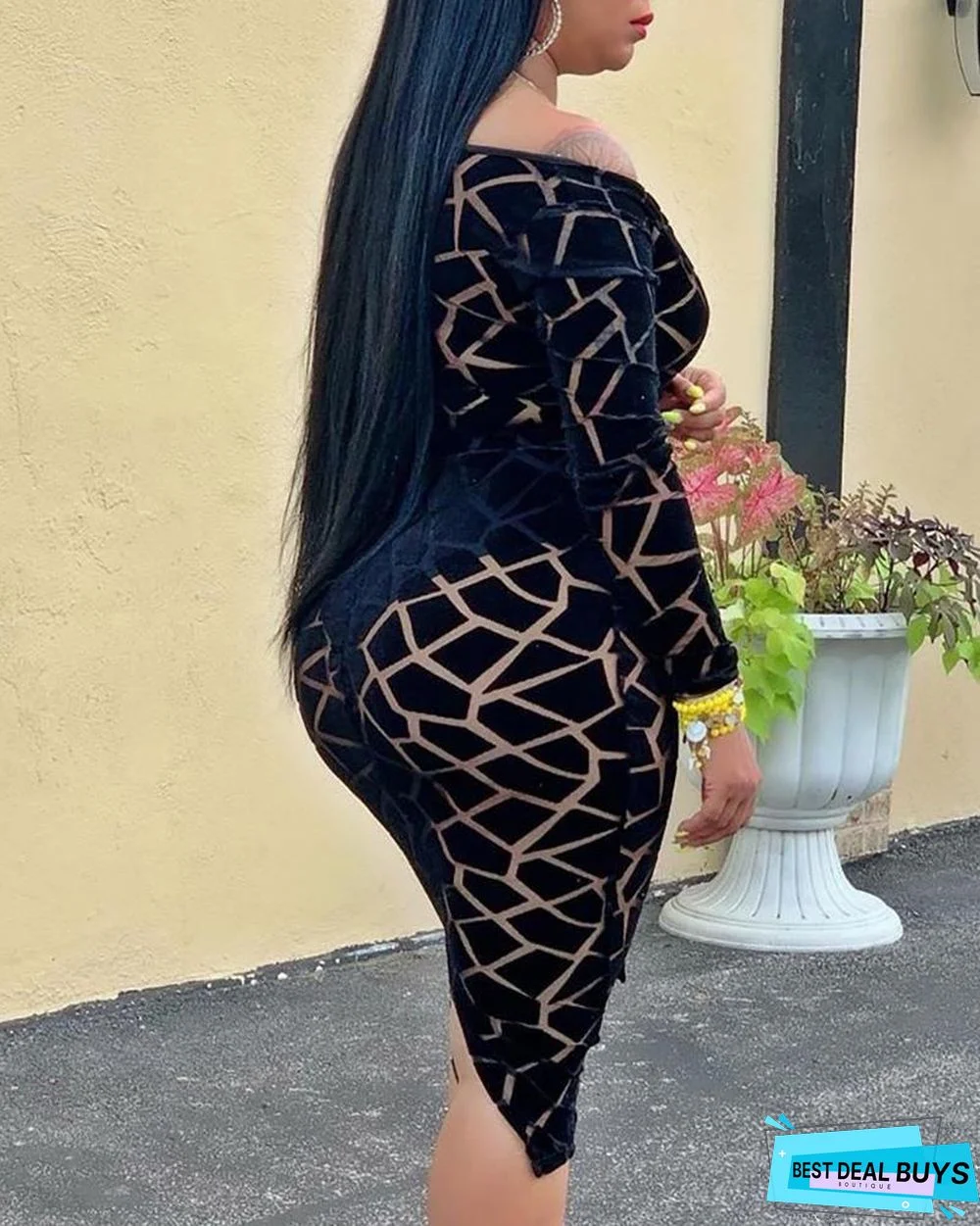 Geo Print See Through Mesh Dress Black Dresses
