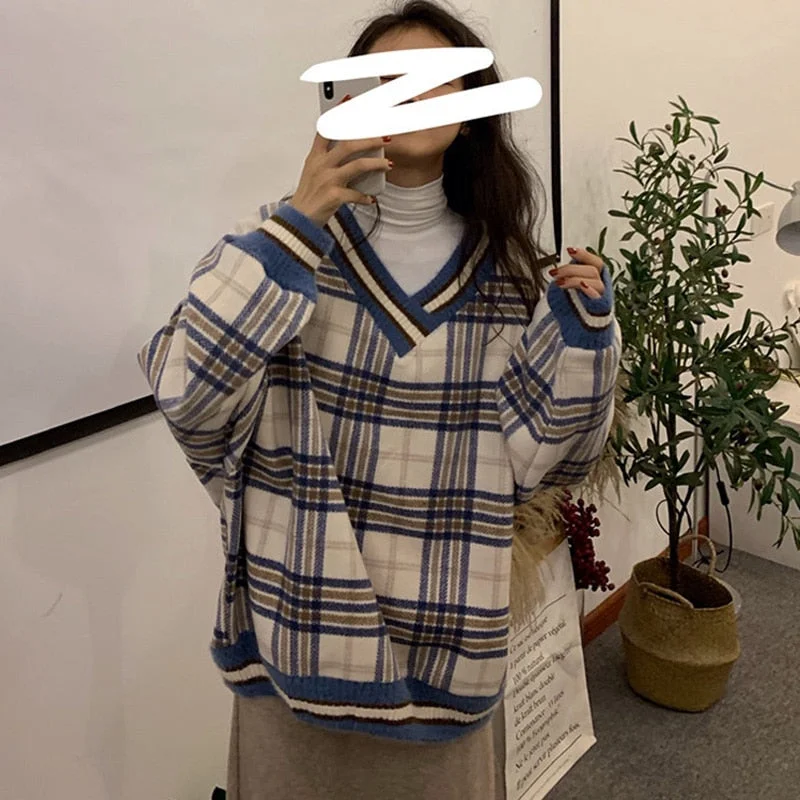 Autumn Plaid Sweaters Women Knitted Pullovers Casual Plush Sweaters Ladies Oversized Jumper Long Sleeve Tops Sueters De Mujer