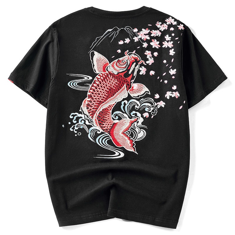 Vintage Koi & Plum Blossom Embroidery Short Sleeve T-shirt