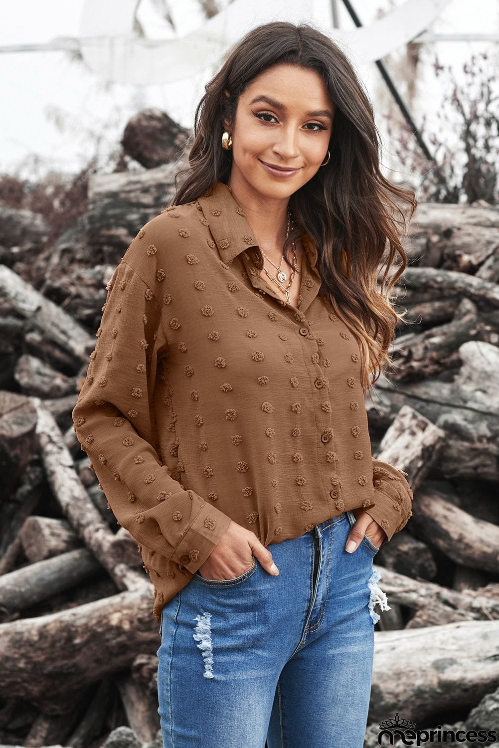 Brown Long Sleeve Button Fuzzy Polka Dot Shirt