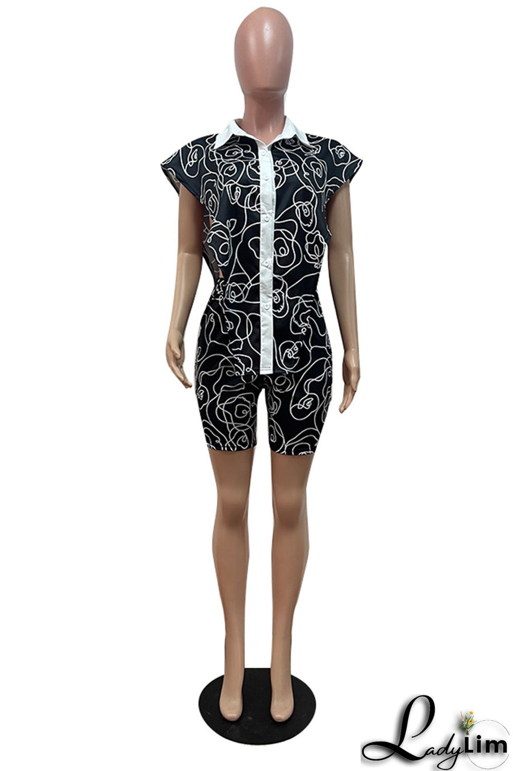 White Fashion Casual Print Split Joint Turndown Collar Two Pieces