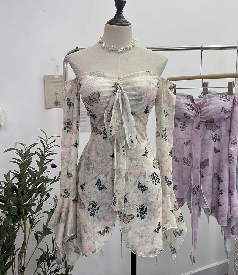 Uveng Horn Long Sleeve Bra Strap Bow With Chest Cushion Net Yarn Irregular Open Fork Tat 6612