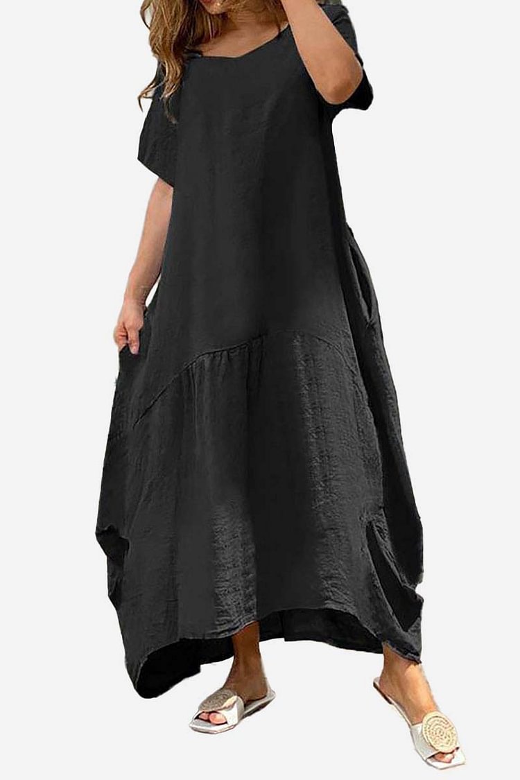 Linen Short Sleeve Loose Fit Wide Hem Casual Maxi Dress