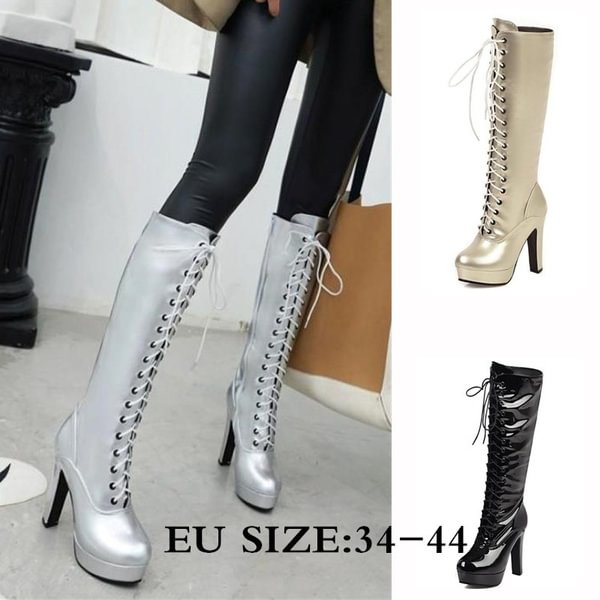 New high boots women's lace up bright leather black knight boots high heels women's shoes single boots round toe shoes - Shop Trendy Women's Clothing | LoverChic