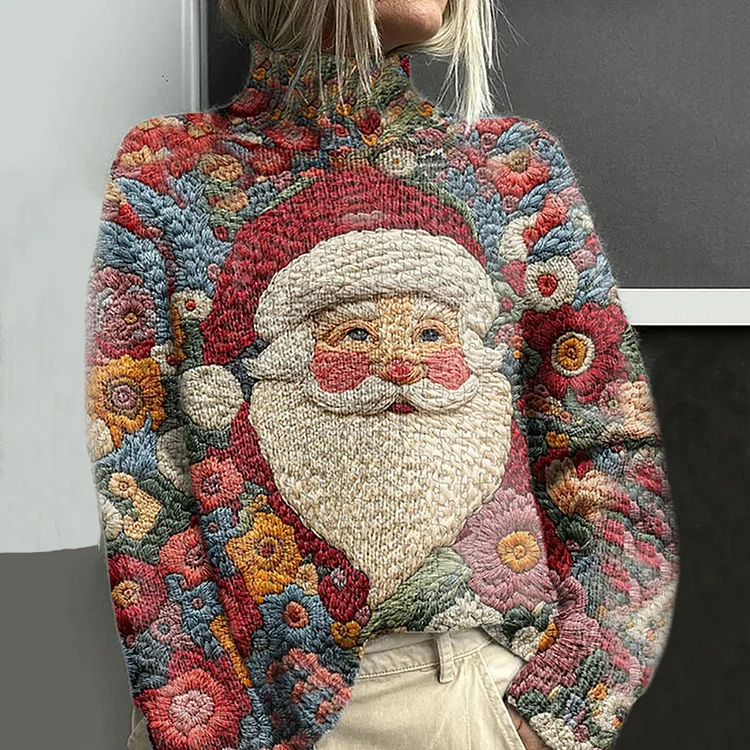 Women's Floral Santa Print Knitted Turtleneck Pullover