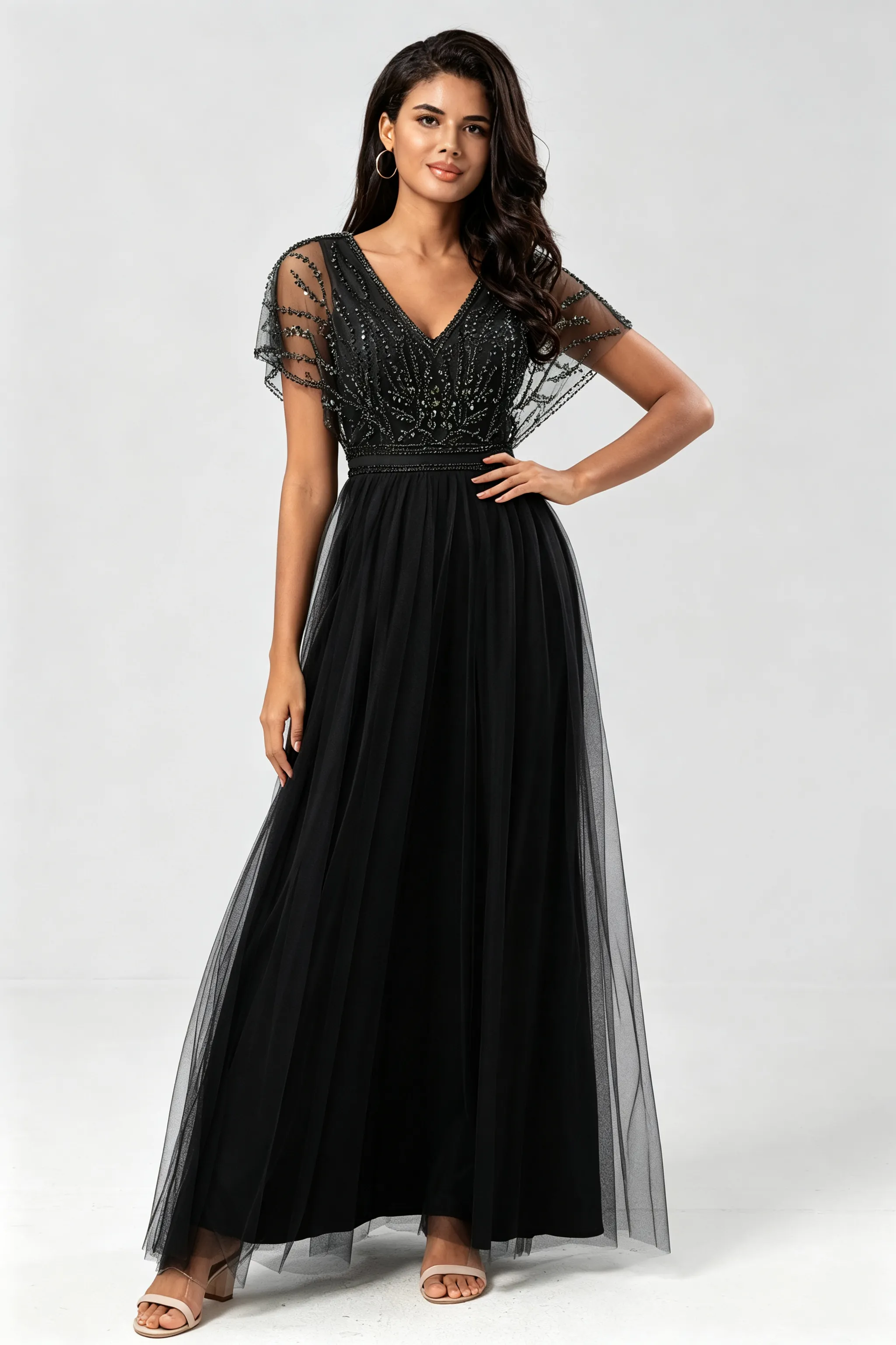 Daisda Tulle V-Neck High-Waisted Long A-Line Embroidery Mother Of The Bride Dress With Sequins