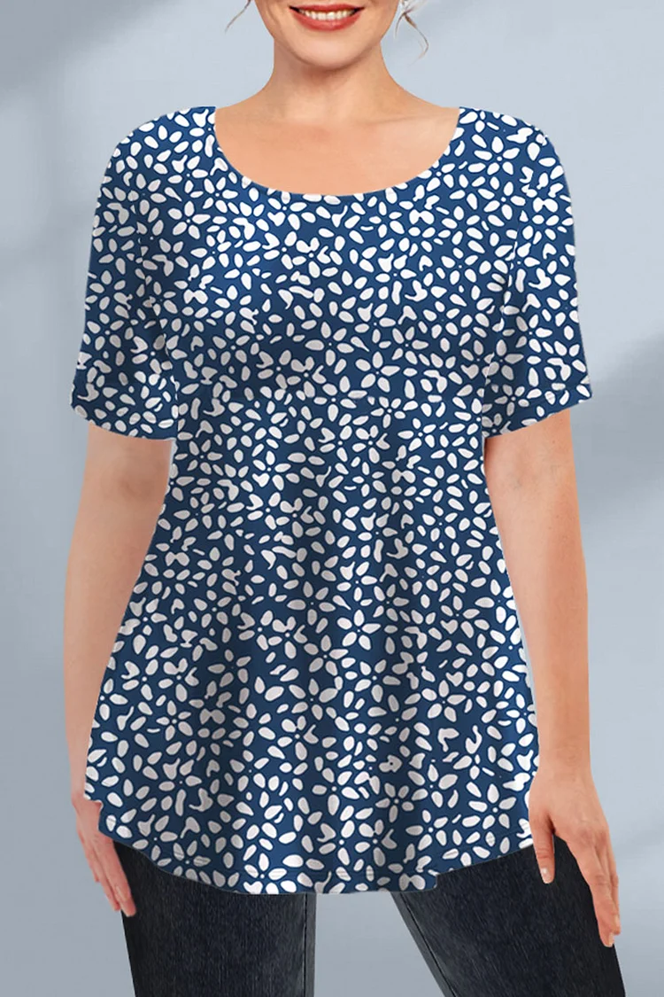 Flycurvy Plus Size Casual Blue Disty Floral Print T-Shirt  Flycurvy [product_label]