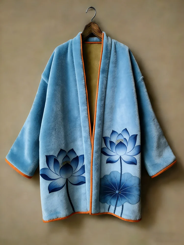 Oriental aesthetic printed flannel embroidered medium and long kimono cardigan