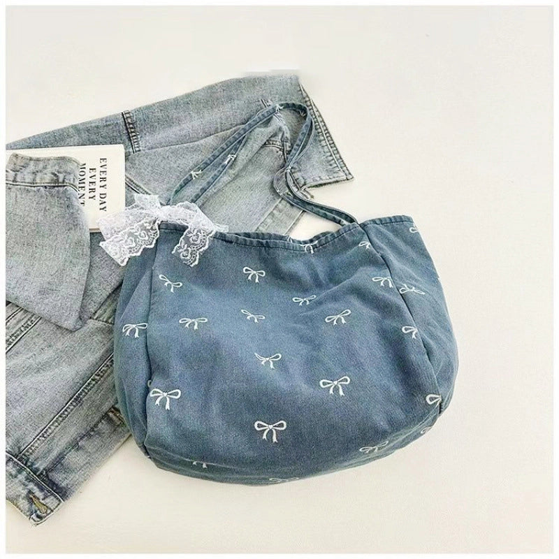 Women’s Large Denim Bow Knot Elegant Streetwear Square Open Tote Bag