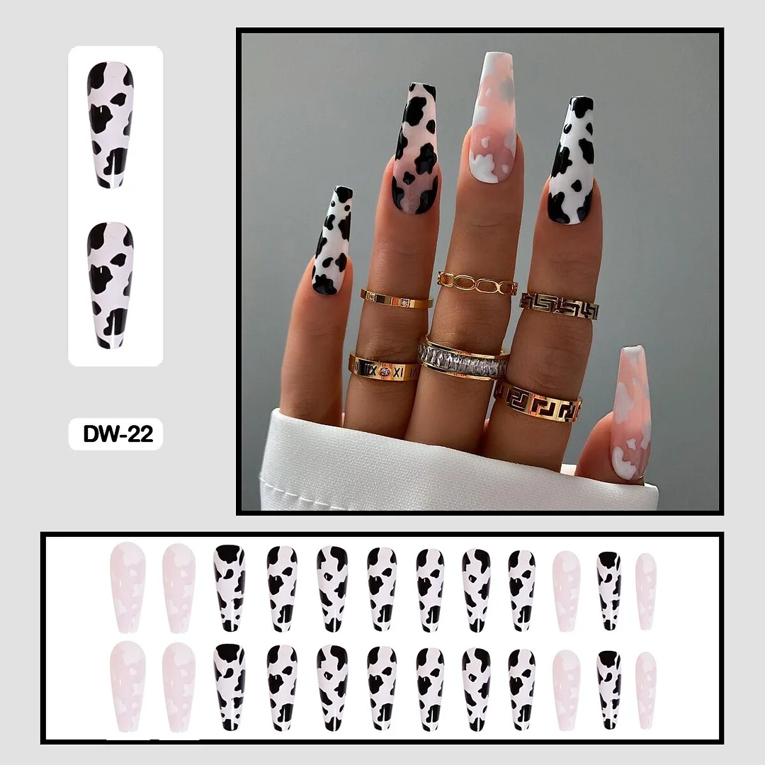 24Pcs Personality Painted Animal Pattern Cow Pattern Leopard Printed Wearable False Nails Fake Nails With Glue And Wearing Tools-Nail Inspo