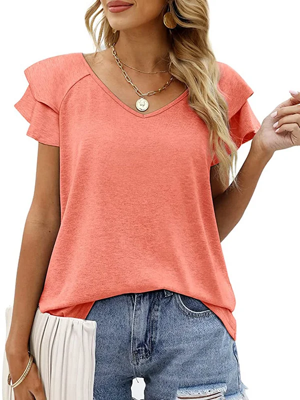 Loose Short Sleeves Falbala Solid Color Split-Joint V-Neck T-Shirts
