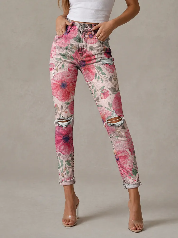 Women's Fashion Vintage Pink Floral Artistic Print Casual High-waisted Skinny Ripped Jeans