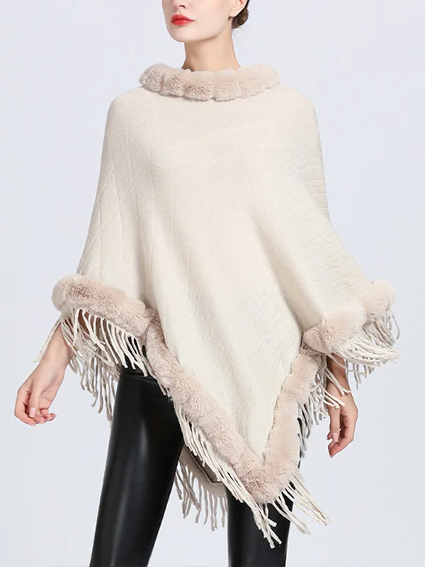 Fringe knitted sweater cape with fur collar