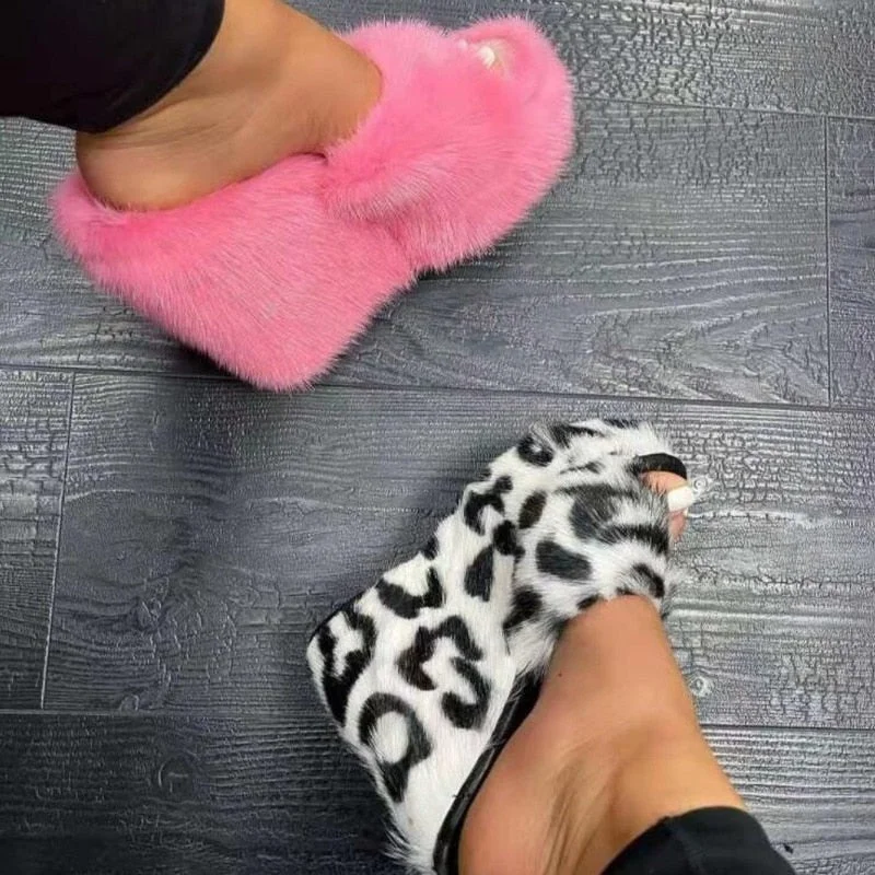 2021 Autumn New Fur Slippers Flat Wedge Heel Slippers Women High-heeled Furry Drag Fashion Outdoor All-match Shoes Slippers