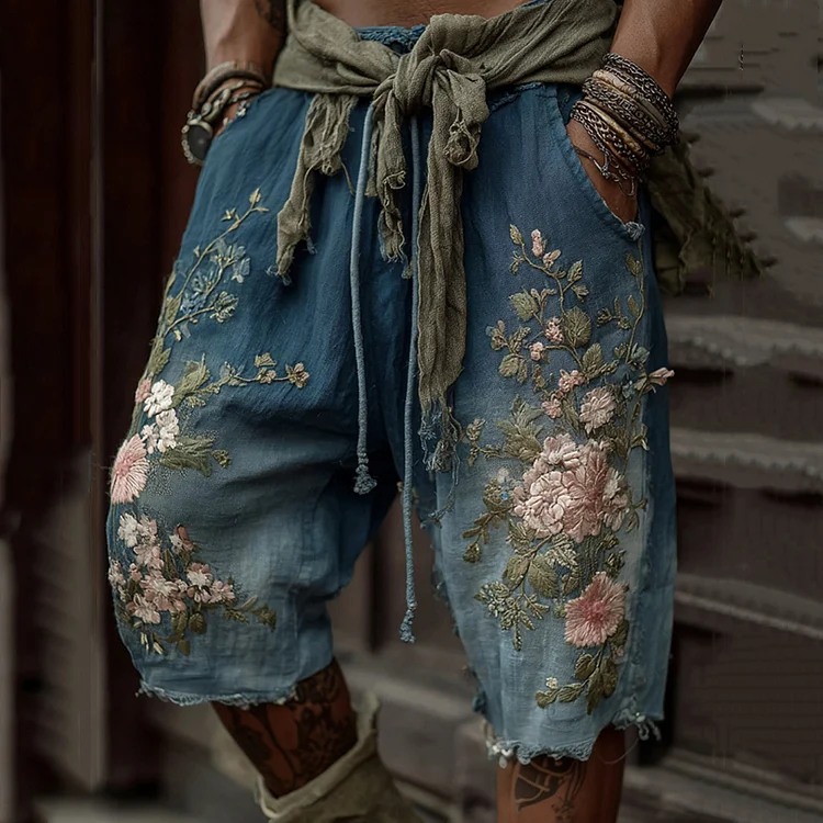 Men's Vintage Floral Embroidered Comfy Linen Blend Casual Shorts