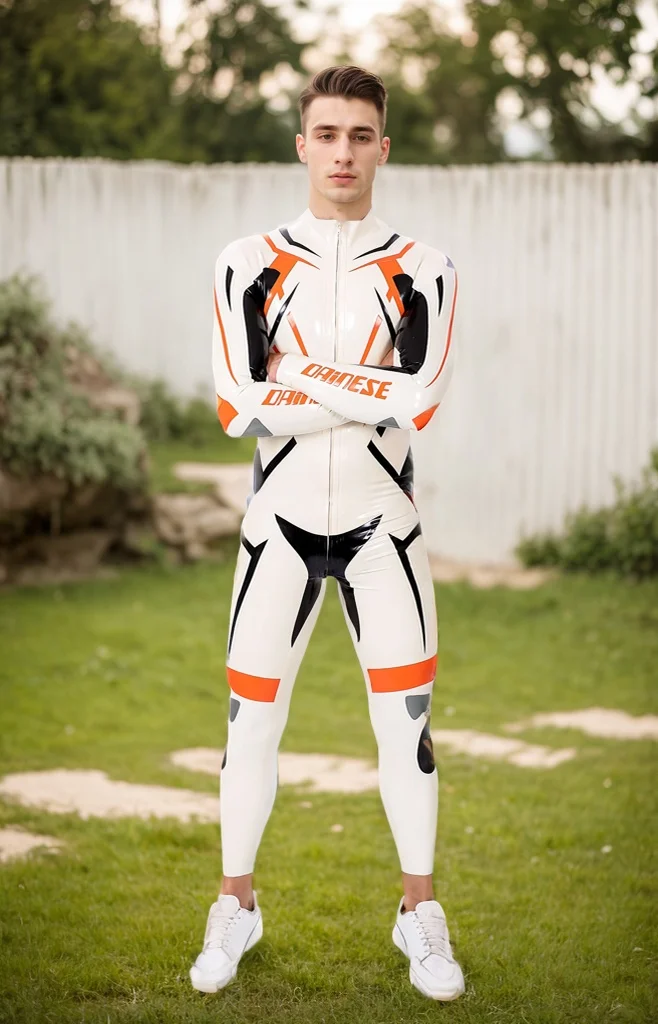 Men Latex Catsuits MotoGP Circuit Motorcycle White