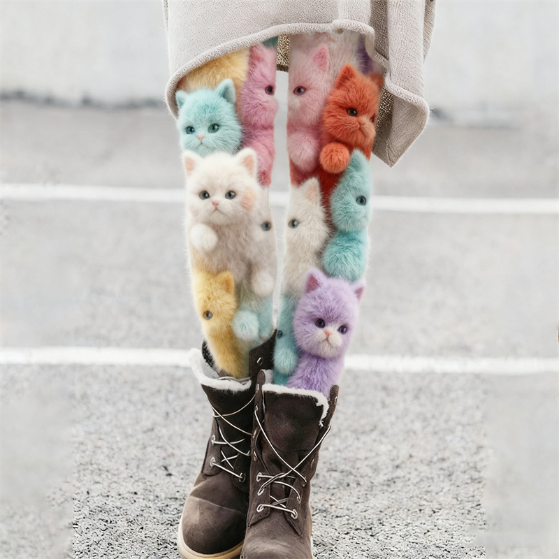 Lovely Colorful Fuzzy Cats Cozy Knit Leggings elevenforest