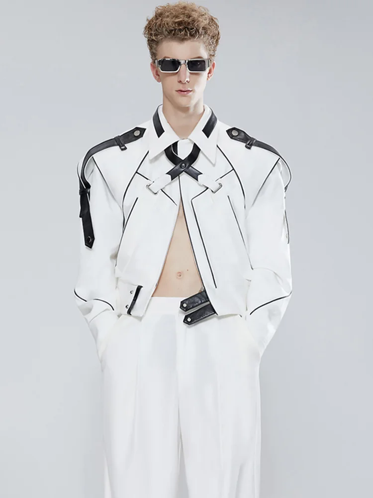 Aonga Spring Autumn Short Patchwork Leather Jackets for Men Long Sleeve Runway Cool Luxury Designer Clothes Fashion 2022 aonga
