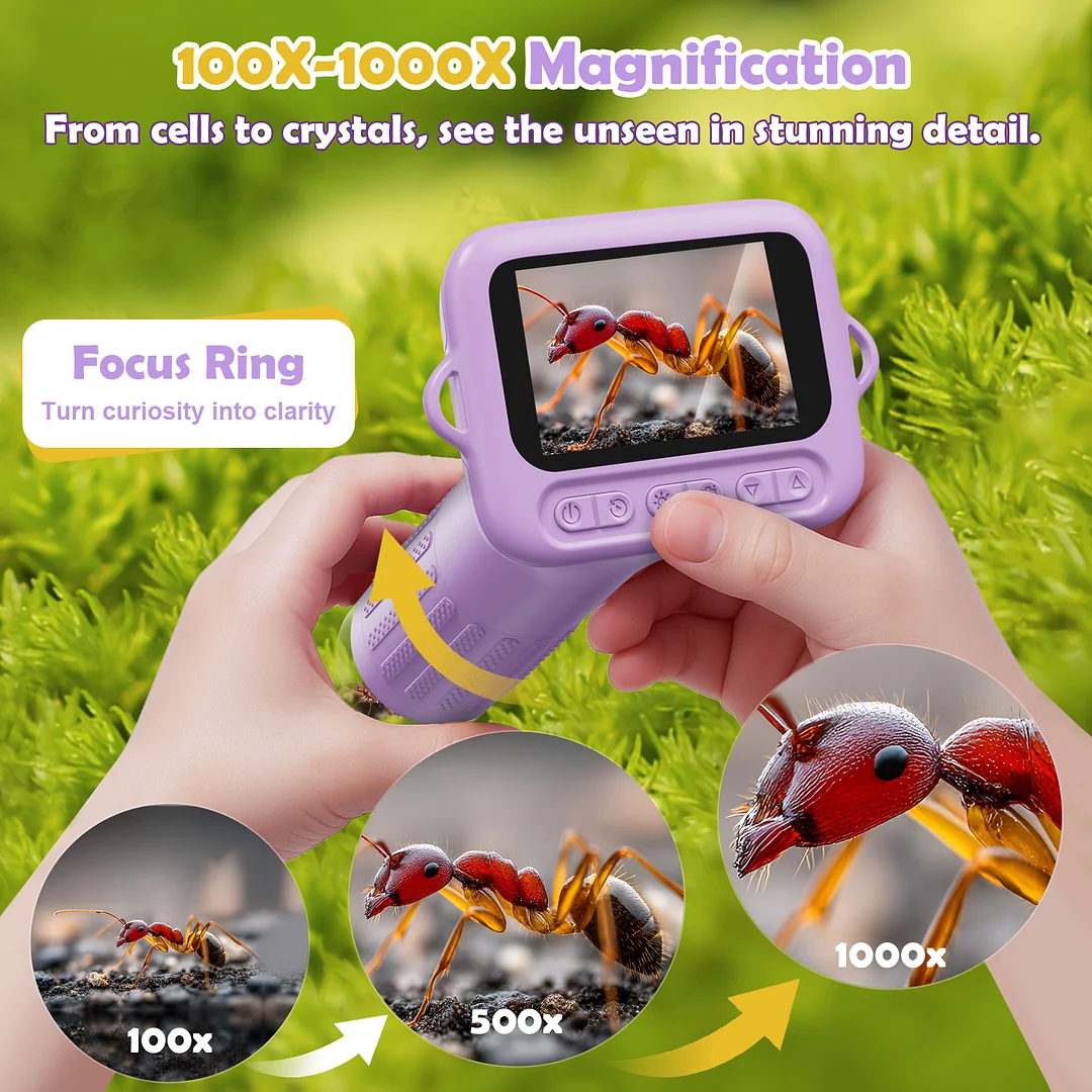 BEBANG 100X-1000X Microscope for Kids Adults, 2.0" Handheld Digital Portable Pocket Microscope, 32GB, 15 Slides