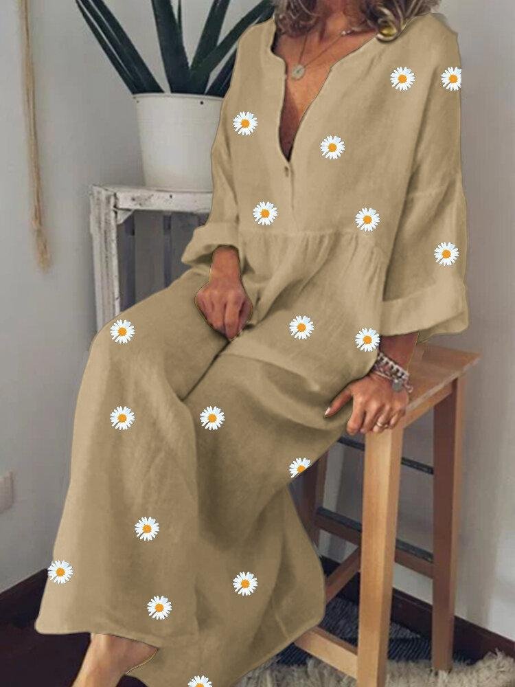 Daisy Print V Neck Long Sleeve Plus Size Loose Maxi Dresses