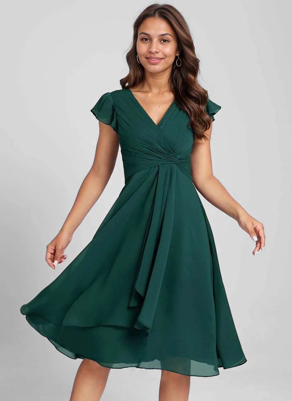  Chic Dark Green V Neck Homecoming Dress Fly Sleeve Prom Dress VS007