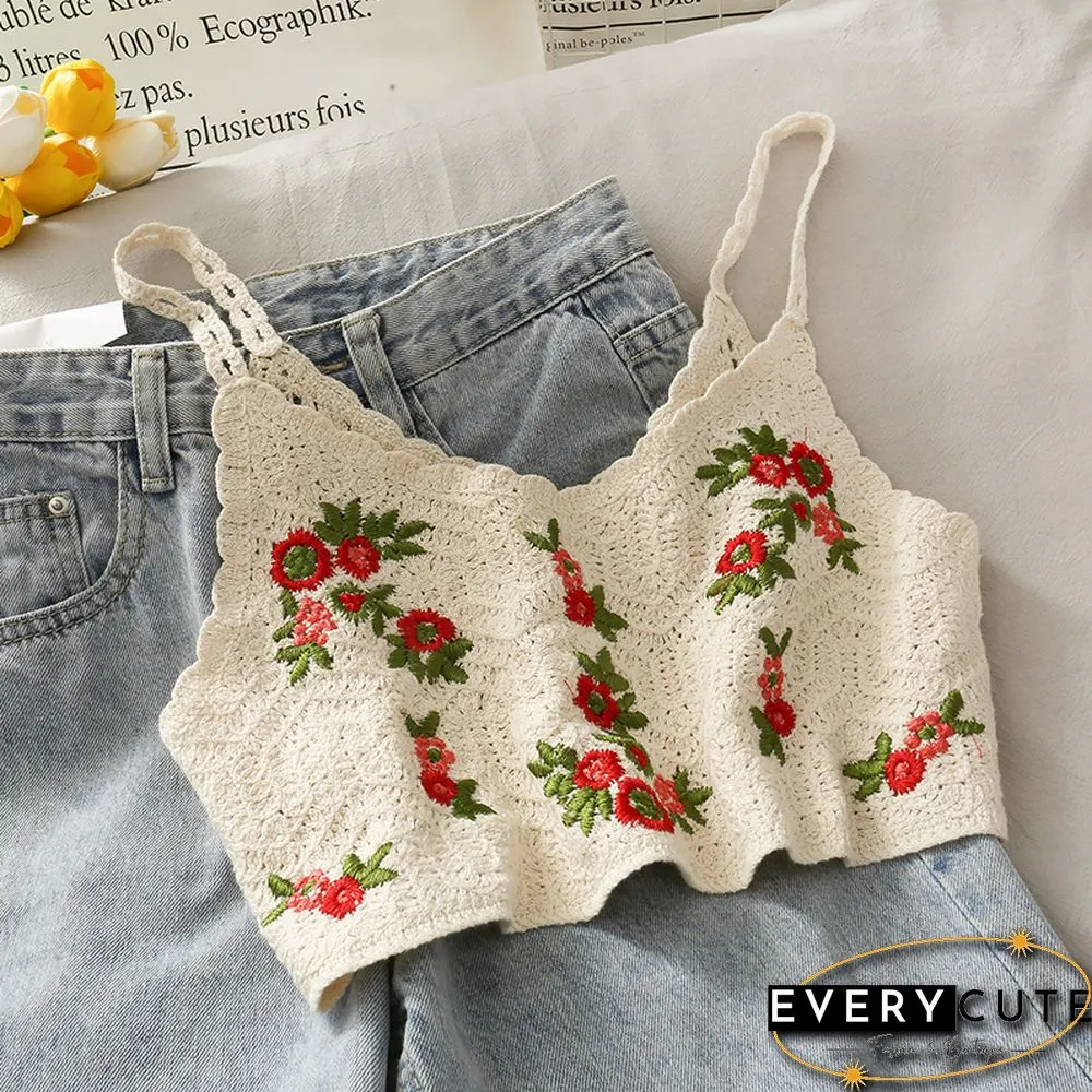 Womens Floral Embroidery Camis Crop TopSummer Cotton Crochet Sweet Tops Sleeveless Retro