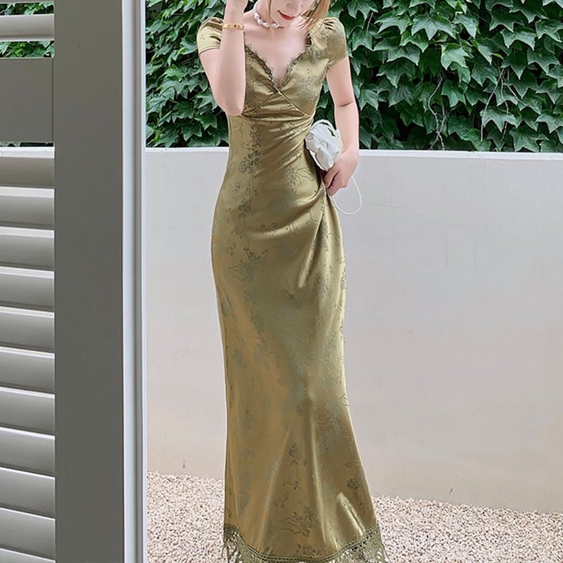 Ordifree 2021 Summer Women Satin Party Dress Sexy Backless Lace Up Vintage Print Lace Crochet Green Silk Long Dress