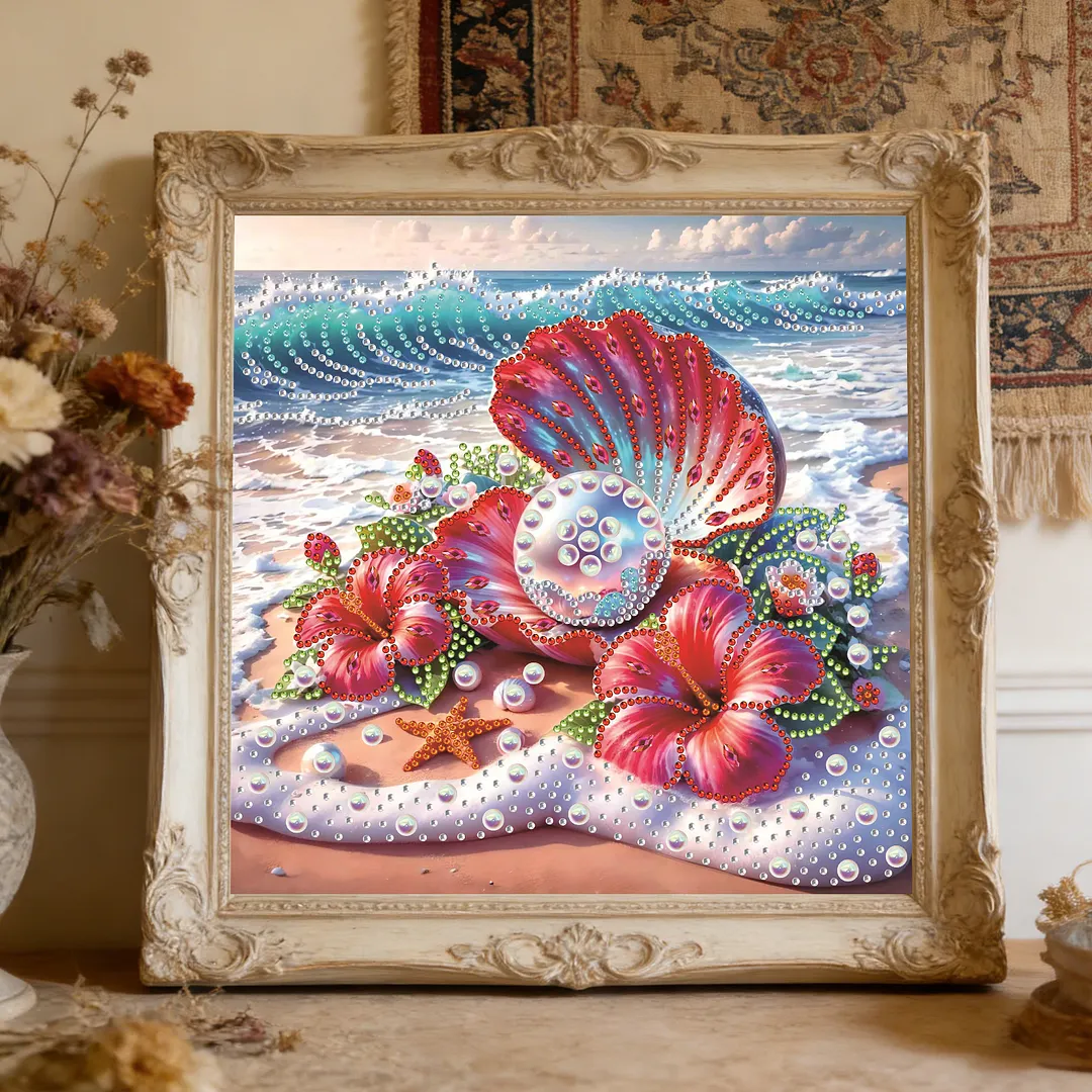 Beach Hibiscus Beaded Decor Special Shaped 5D DIY Partial Drill Diamond Painting Kits for Adults Beginners Home Decor Diamonds Dots Gem Art Kits 11.81 X11.81inch