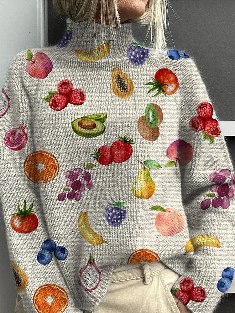 Lovely Mixed Fruit Pattern Printed Knit Turtleneck Pullover Sweater