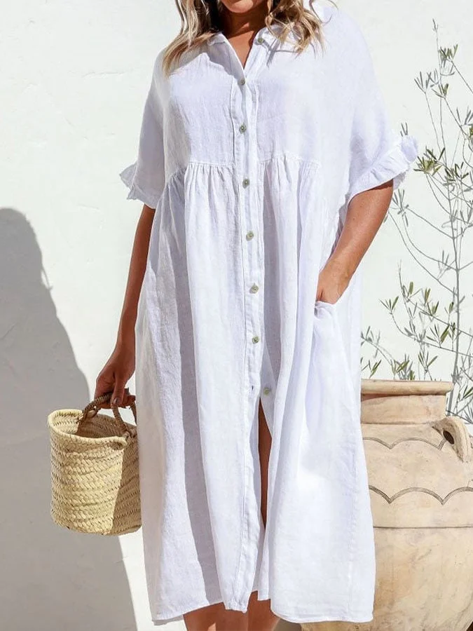 Women's cotton and linen casual shirt dress