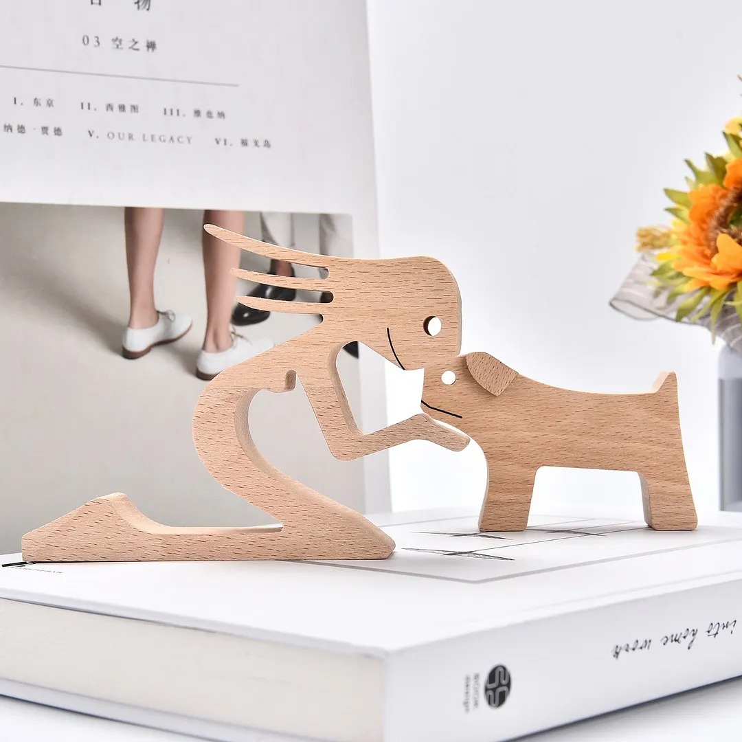 Family Puppy Wood Dog Craft Figurine Desktop Table Ornament Carving Model Creative Home Office Decoration Love Pet Dropshipping