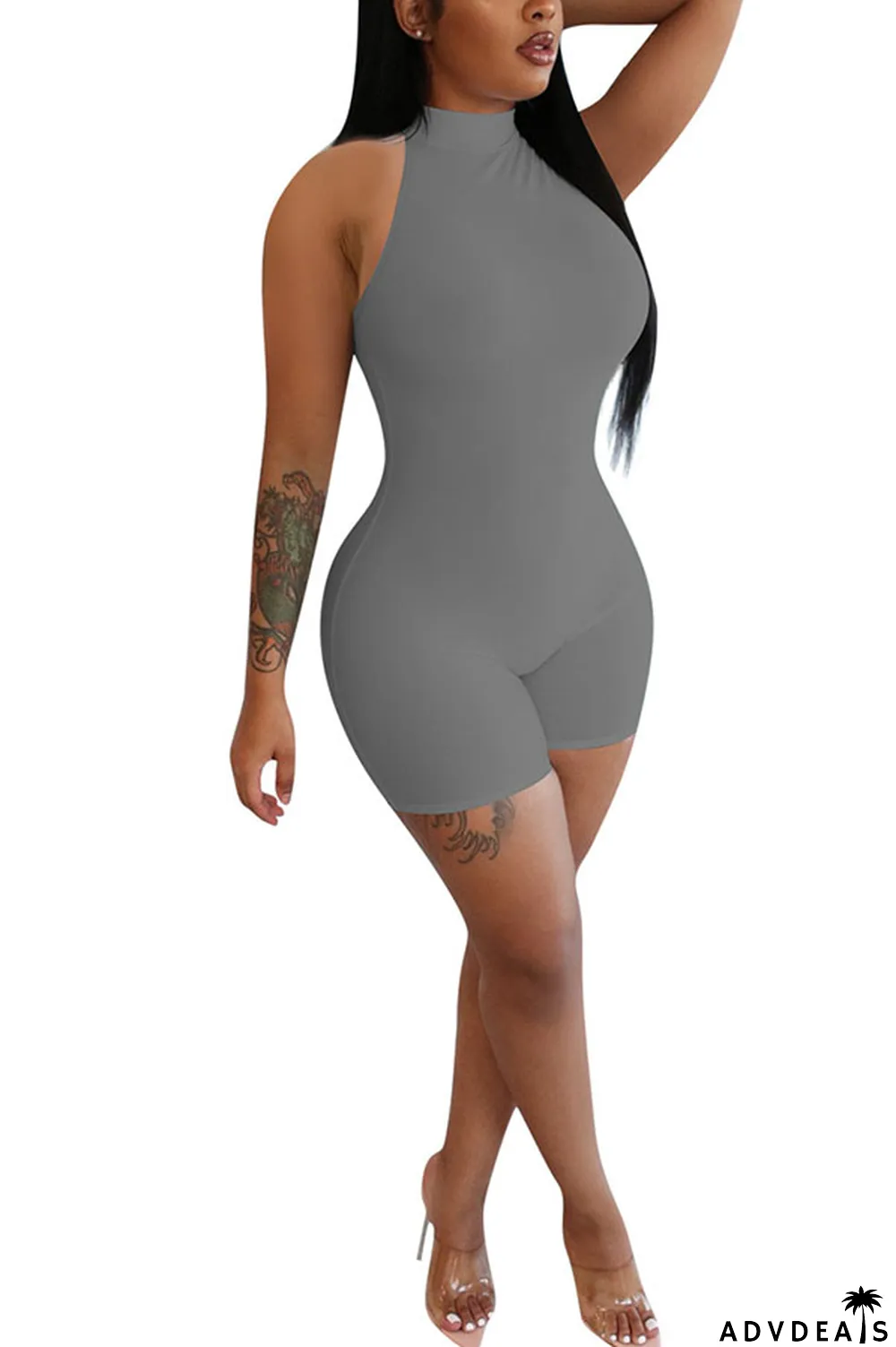 Grey Fashion street Solid Milk. Sleeveless O Neck Jumpsuits