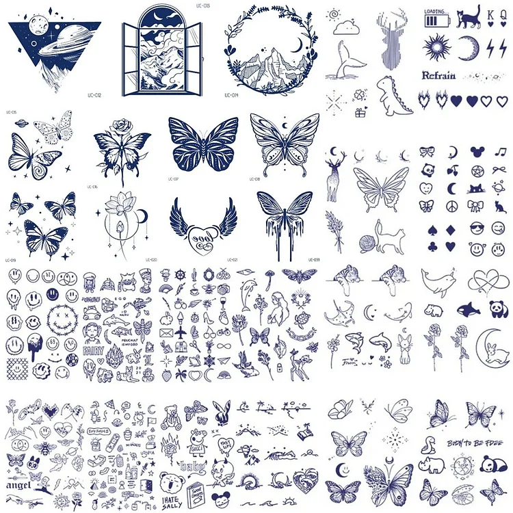 23 Sheets Space Butterfly Smiley Face Semi-Permanent Tattoo Combo