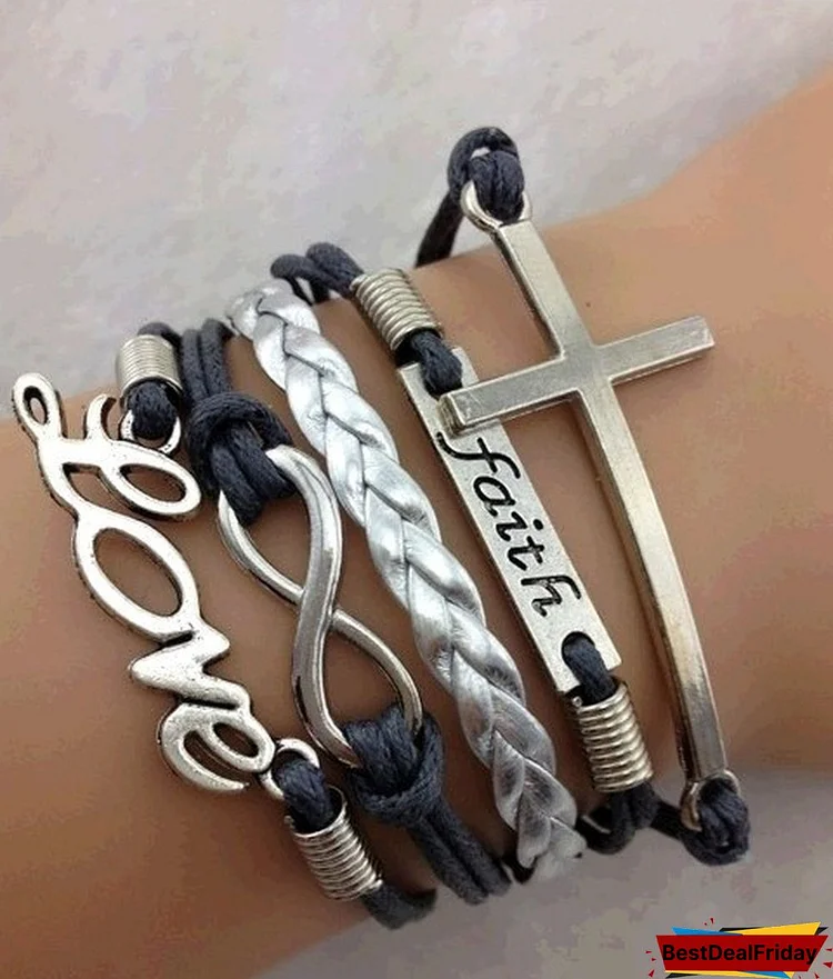 Cross, Infinity, Faith, Love Bracelet in Silver - Grey Wax Cords and Silver Leather Braid Bracelet