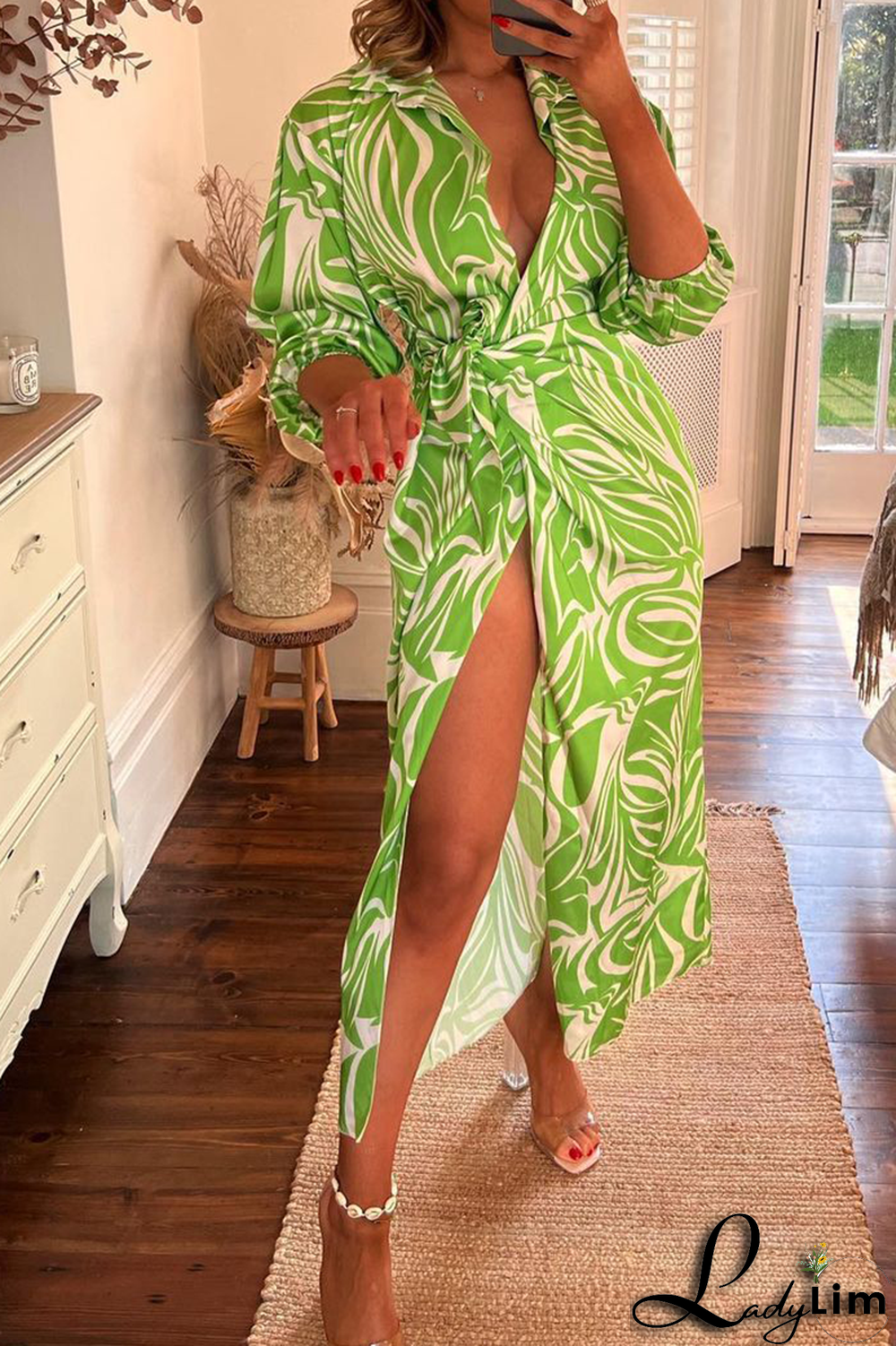 Red Fashion Print Patchwork V Neck Waist Skirt Dresses