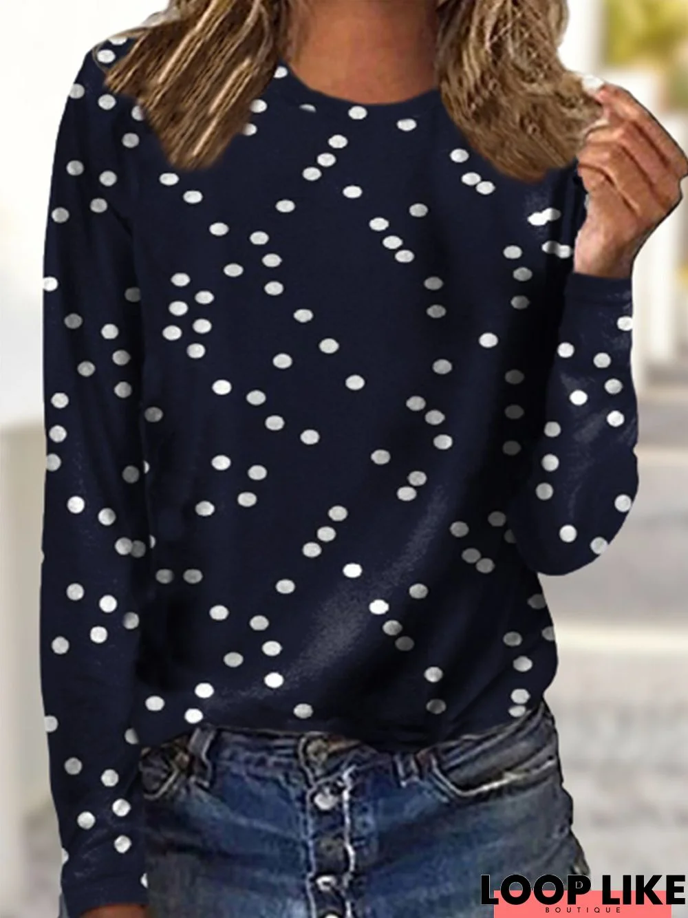 Polka Dots Long Sleeve Crew Neck Casual T-Shirt