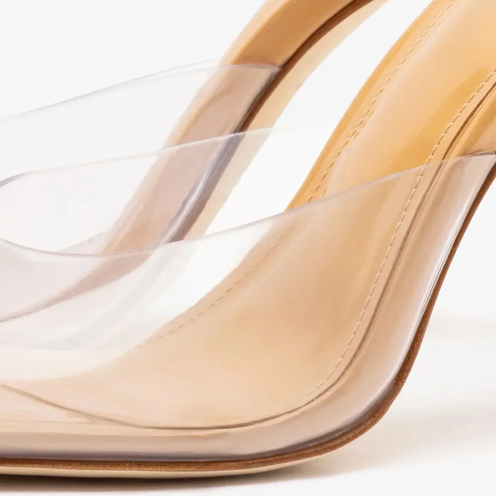 Simple Nude Open Toe Slip-On Stiletto Heel Clear Slide Sandals