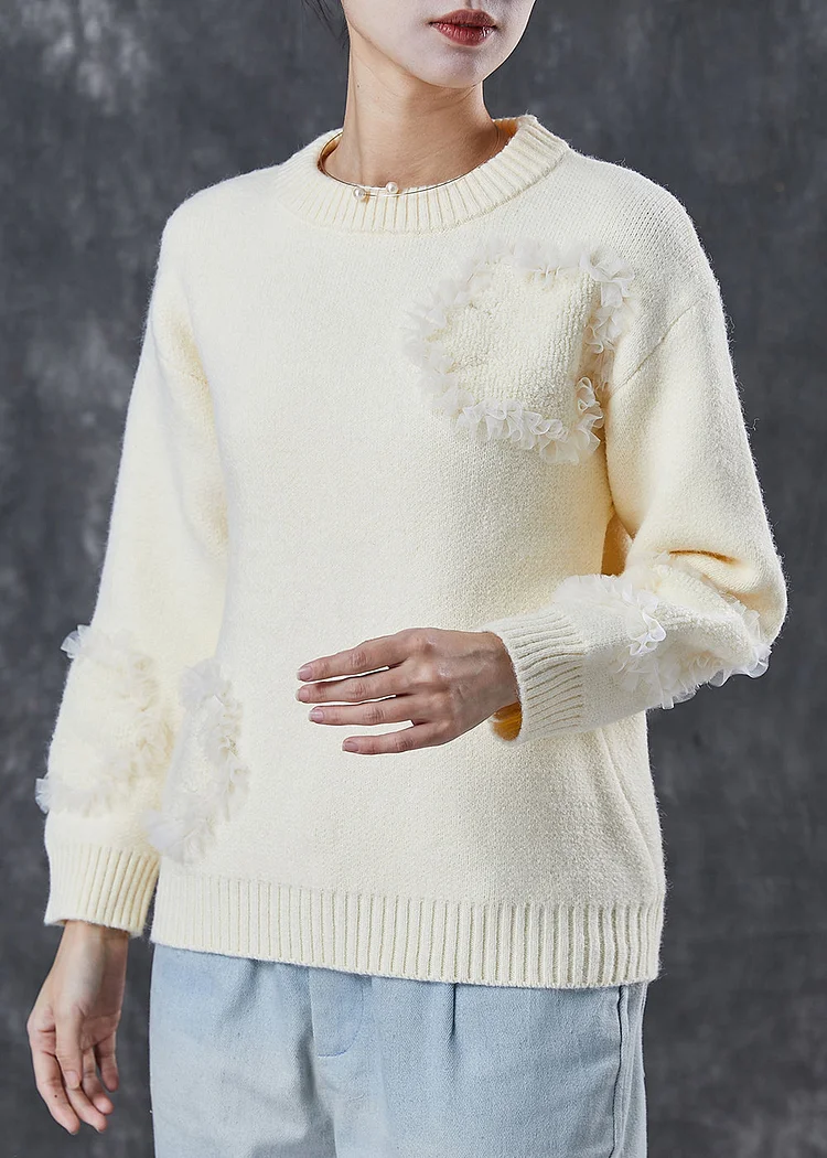 Boho Apricot Ruffled Patchwork Thick Knit Sweater Tops Winter